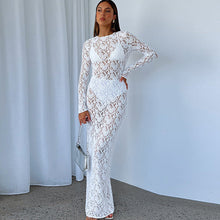 Load image into Gallery viewer, Women Clothing Spring Summer Solid Color Lace See through Long Sleeve Mid Length Dress