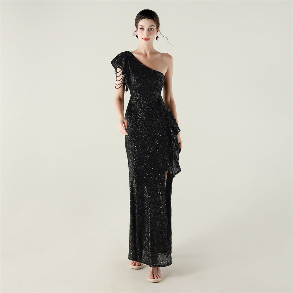 One Shoulder Ruffles Embellished Beaded Chain Handmade Sequined Evening Dress Cocktail Party Wedding