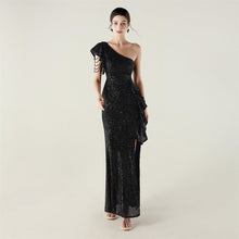 Load image into Gallery viewer, One Shoulder Ruffles Embellished Beaded Chain Handmade Sequined Evening Dress Cocktail Party Wedding