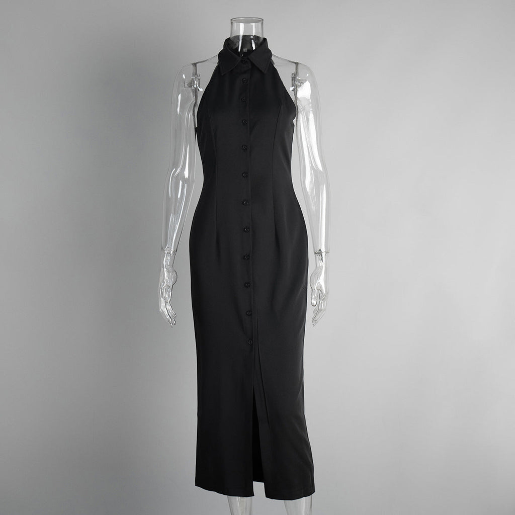 Simple Slit Maxi Dress Summer Polo Collar Sleeveless Dress Women