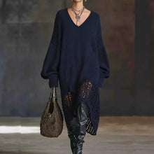 Load image into Gallery viewer, V neck Knitted Dress Irregular Asymmetric Hem Hollow Out Cutout out Loose Dress