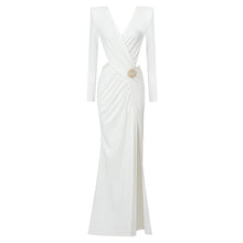 Load image into Gallery viewer, White Long Sleeve Pleating Hollow Out Cutout Cross Dress V Neck Metal Waist Women Clothing