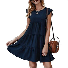 Load image into Gallery viewer, Summer Solid Color round Neck Short Sleeves Dress Casual Tiered Dress Pleated Large Swing Dress