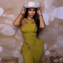 Load image into Gallery viewer, Autumn Winter Women Clothing Cross Halter Solid Color Pleated Waist Tight Slimming Fishtail Dress