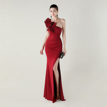 Load image into Gallery viewer, One Shoulder Craft Beading Wave Floral Satin High Slit Sexy Evening Dress Dinner Party Wedding Social