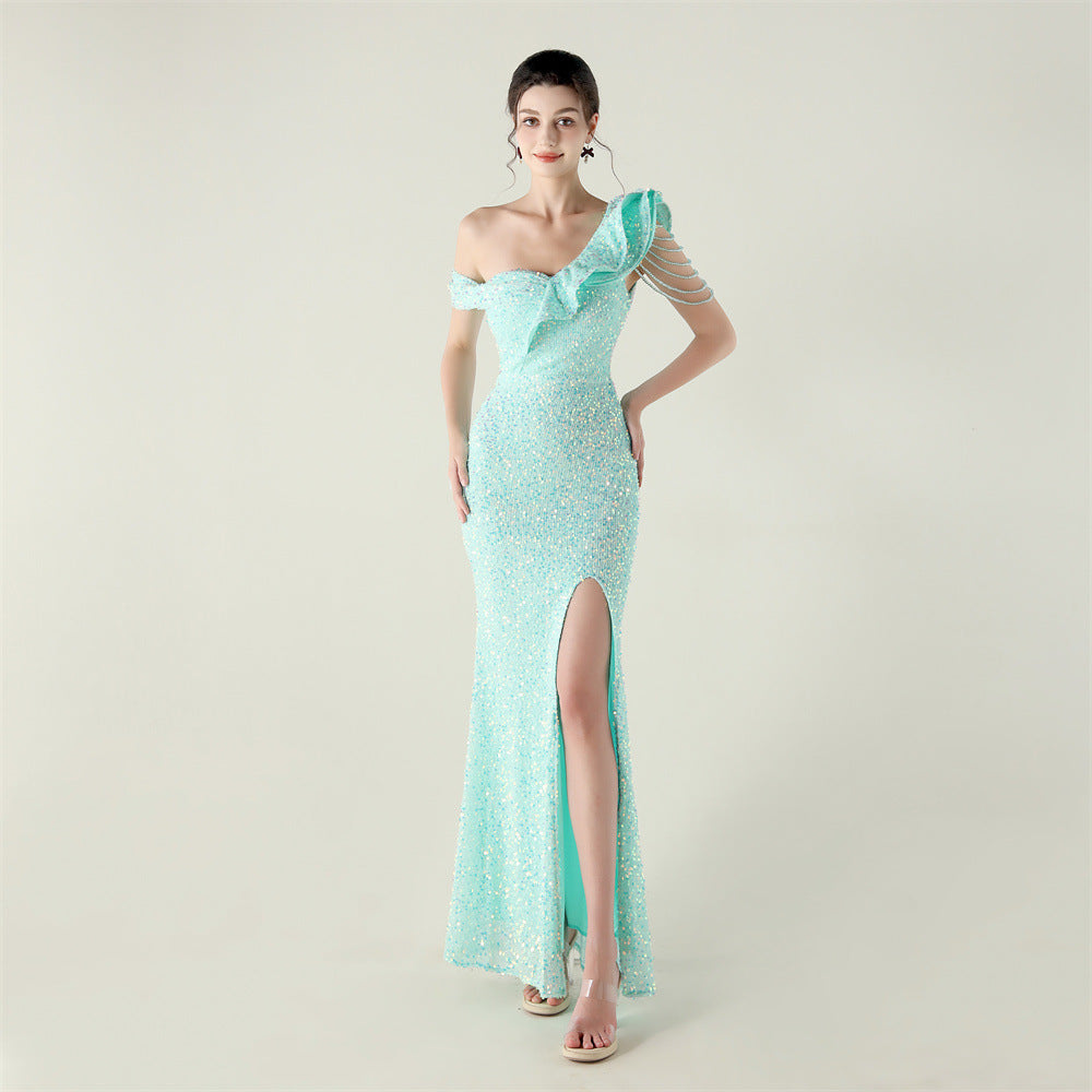 One Shoulder Pleated Ruffled Embellished Beaded Chain Sequined Evening Dress Cocktail Wedding Red Carpet