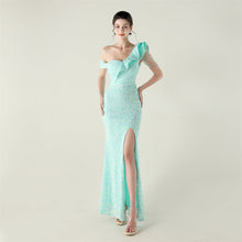 Load image into Gallery viewer, One Shoulder Pleated Ruffled Embellished Beaded Chain Sequined Evening Dress Cocktail Wedding Red Carpet