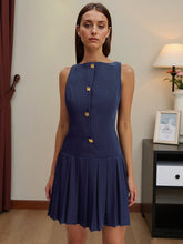 Load image into Gallery viewer, Spring Summer Simple Women Clothing Personalized Wide Hem Pleated Waist Tight Solid Color Sleeveless Short Dress