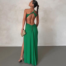 Load image into Gallery viewer, Sloping Shoulder Dress Solid Color Pullover Sexy Backless Evening Dress Long Socialite Split