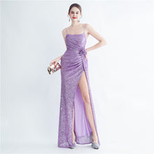 Load image into Gallery viewer, Gathers Sequ Handmade Floral Split Sling Simple Evening Dress
