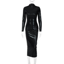 Load image into Gallery viewer, Clothing Autumn Faux Leather Dark Solid Color Slim Slimming Dress