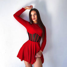 Load image into Gallery viewer, Fall Women Clothing Half High Collar Long Sleeves Mesh Patchwork See through Boning Corset Tight Waist Short Dress