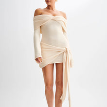 Load image into Gallery viewer, Woolen Women Clothing Sexy Strapless Long Sleeve Lace up Knitted Dress Short for Women