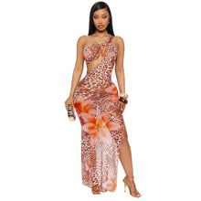 Load image into Gallery viewer, Women Clothing Diagonal Collar Hollow Out Cutout out See through Mesh Floral Print Dress