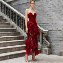 Load image into Gallery viewer, Wine Red Diamond Decorations Tube Top Ruffled Short Evening Dress Fall Women Clothing Irregular Asymmetric Socialite Dress