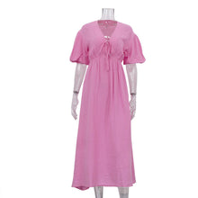 Load image into Gallery viewer, Women Clothing Cotton Double Layer Champray High Waist Dress V neck Puff Sleeve Lace up A line Long Dress