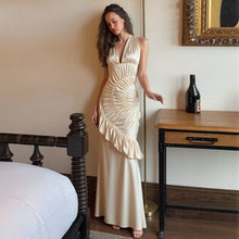 Load image into Gallery viewer, Autumn Winter Women Clothing Solid Color V neck Halter Backless Slim Pleated Dress Elegant Dress