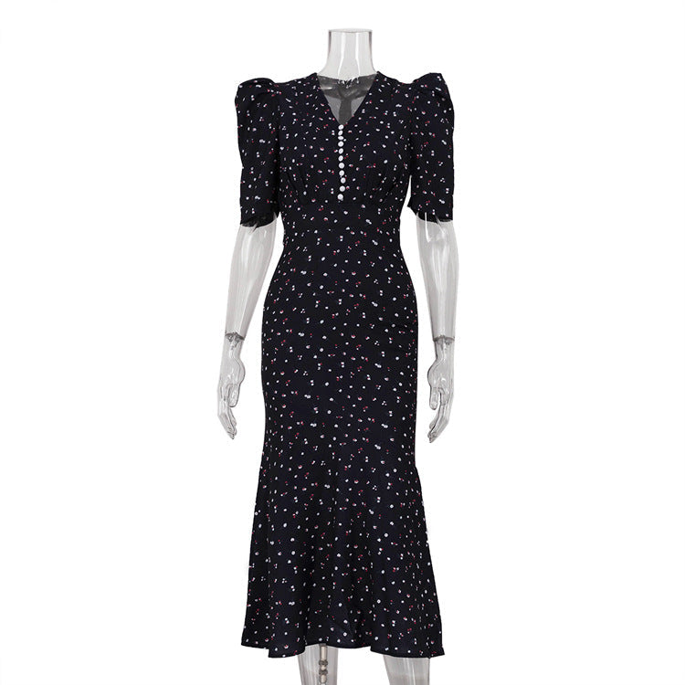Women Clothing Digital Printing Summer French Short Sleeve Dress V neck Pleated High Waist Floral Maxi Dress
