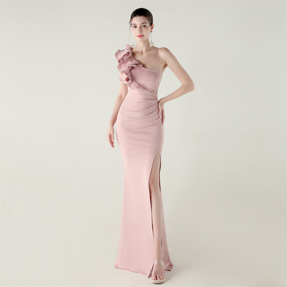 One Shoulder Craft Wave the Craft of Design Gross Satin High Slit Sexy Evening Dress Dinner Party Wedding Social Networking