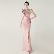 Load image into Gallery viewer, One Shoulder Craft Wave the Craft of Design Gross Satin High Slit Sexy Evening Dress Dinner Party Wedding Social Networking