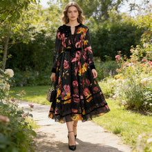 Load image into Gallery viewer, Spring High Grade Printed V neck Dress Tight Waist Slimming Flared Sleeves Stitching Lace Dress Women