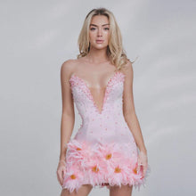 Load image into Gallery viewer, Tube Top Beads Rhinestones Bandage One Piece Dress Pink Feather Ladies Party Cocktail Evening Dress
