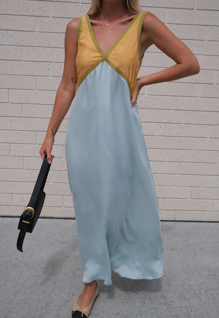 Fashionable V Neck Sleeveless Color Matching Cuprammonuium Large Swing Dress Spring Summer