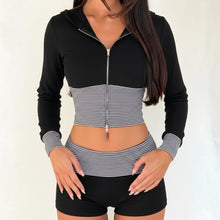 Load image into Gallery viewer, Women Wear Casual Striped Stitching Contrast Color Zipper Hooded Top Shorts Two Piece Set