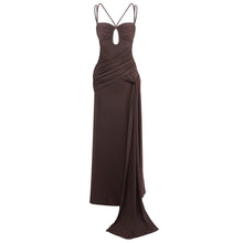 Load image into Gallery viewer, Dress Sexy Slim Fit Maxi Dress Backless Brown Pleating Ribbon Dress