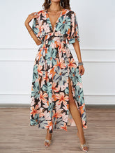 Load image into Gallery viewer, Summer Floral Print Maxi Dress Elastic Band Waist Tight Big V neck Short Sleeve Dress for Women