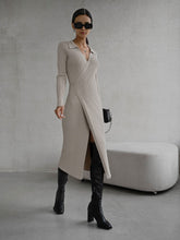 Load image into Gallery viewer, Split Strap Thread Knitted Dress Mid Length Autumn Winter Polo Collar Long Sleeve Sexy Tight Dress