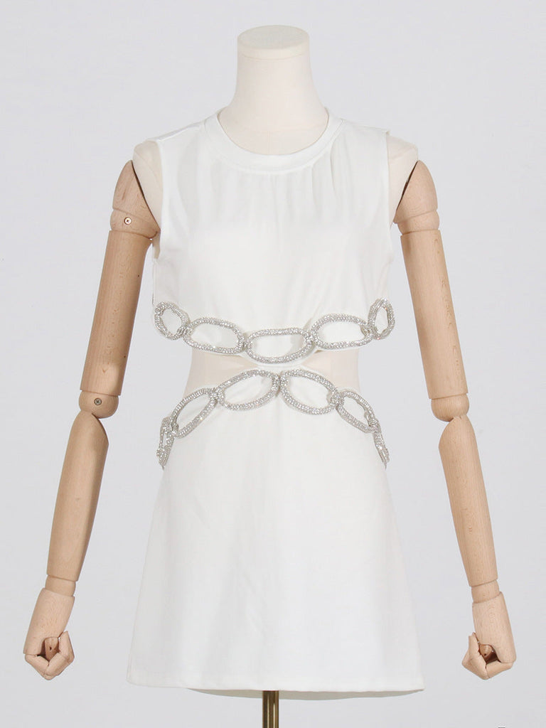Street Sexy round Neck Sleeveless Waist Hollow Out Cutout Jeweled Design Short Slim Dress