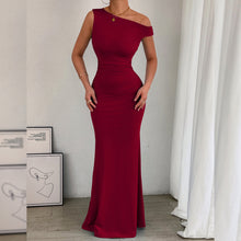 Load image into Gallery viewer, Women Fishtail Dress Slant Shoulder Collar Waist Pleated Sleeveless Sexy Dress