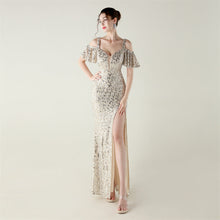 Load image into Gallery viewer, Bead Tube Sequin Heavy Industry Evening Dress Short Sleeve off the Shoulder Deep V Plunge High Slit Fishtail Dress Cocktail Socialite