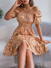 Load image into Gallery viewer, Spring Summer Floral Square Collar Short Sleeve Waist Controlled Ruffled A line Women Clothing
