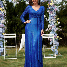 Load image into Gallery viewer, Multi Color Long Sleeve V neck Fishtail Cocktail Evening Dress Women