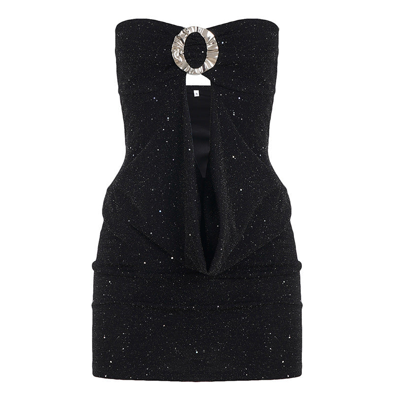 Women Clothing Thin Glittering round Buckle Bow Swing Collar Hollow Out Cutout out Tube Top Dress Party Sexy Hip Dress