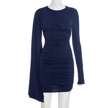 Load image into Gallery viewer, Women Clothing Autumn Winter Solid Color One Shoulder Streamer Long Sleeve Pleated Sheath Short Dress