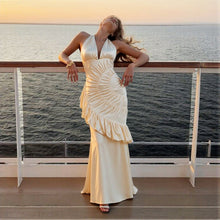 Load image into Gallery viewer, Autumn Winter Women Clothing Solid Color V neck Halter Backless Slim Pleated Dress Elegant Dress