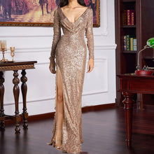 Load image into Gallery viewer, Spring Split Long Sleeve V neck Slim Fit Long Formal Dress Wedding Cocktail Party Multi Color Sequined Evening
