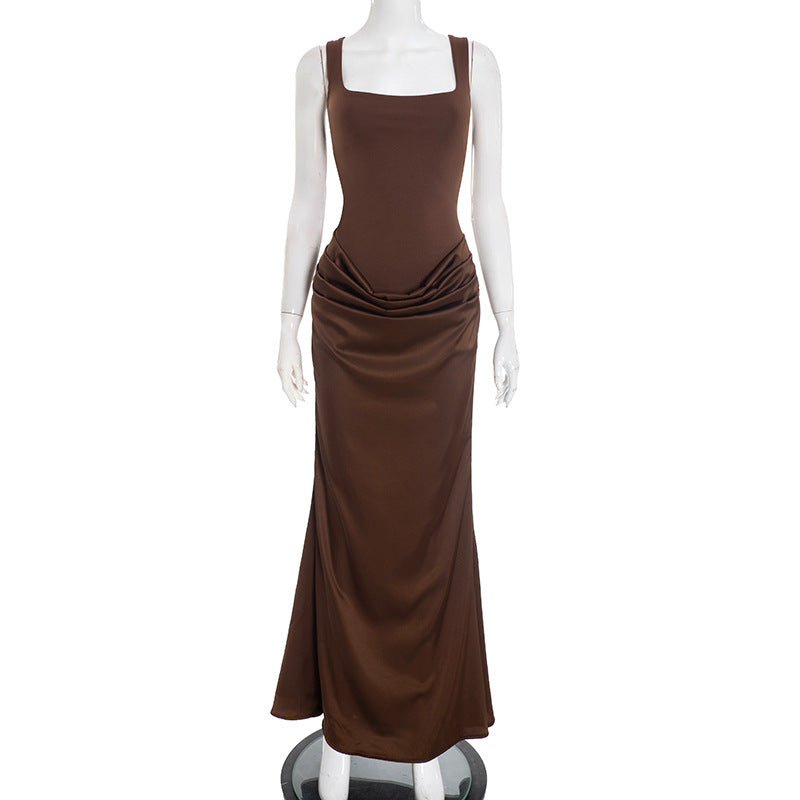 Women Clothing Autumn Winter Simple Solid Color Elegant Square Collar Sleeveless Slim Fit Maxi Dress