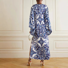 Load image into Gallery viewer, Women Blue White Porcelain Printed off Neck Loose Dress