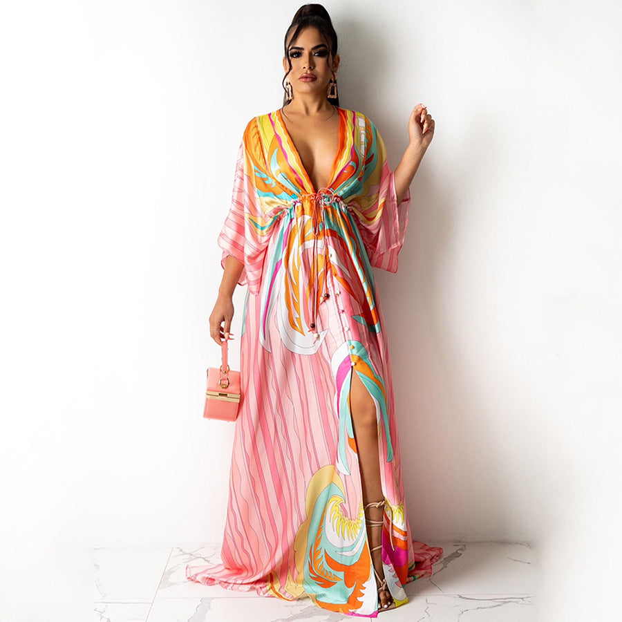 Women Clothing Spring Summer Casual Vacation V neck Printed Dress