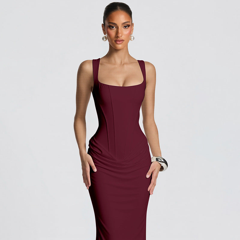 Sexy Boning Corset Slim Fit U Neck Long Pleating Pullover Dress Cocktail Party Evening Dress