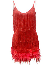 Load image into Gallery viewer, Tassel Sequ Multi Color Birthday Party Sexy V neck Strap Feather Stitching Gown Dress