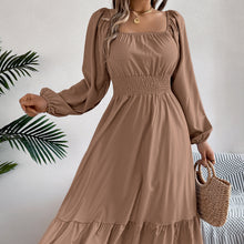 Load image into Gallery viewer, Spring Summer Casual Solid Color Square Collar Long Sleeve Waist Trimming Ruffles A line Dress Women Clothing