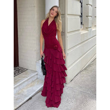 Load image into Gallery viewer, Halter Wooden Ear Slit Dress V neck Pleated Ruffled Waist Tight Sexy Dress