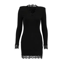 Load image into Gallery viewer, Adult Lady like Woman Autumn Winter V neck Lace Stitching Black Sexy Tight Milk Silk Hip Elegant Dress