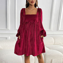 Load image into Gallery viewer, Autumn Winter Women Clothing Velvet Square Collar Solid Color Dress