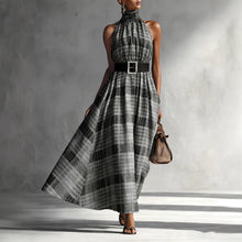Load image into Gallery viewer, Halter Sleeveless Plaid High Waist Lace up Waist Draping Effect Large Hem A line Dress French Dress
